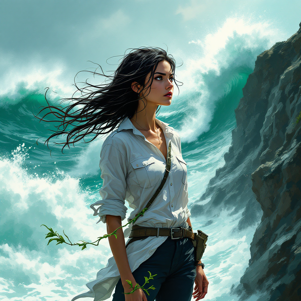 A woman stands on a rocky shore, windswept hair flowing as turbulent waves crash around her, embodying the spirit of courage against nature's challenges.