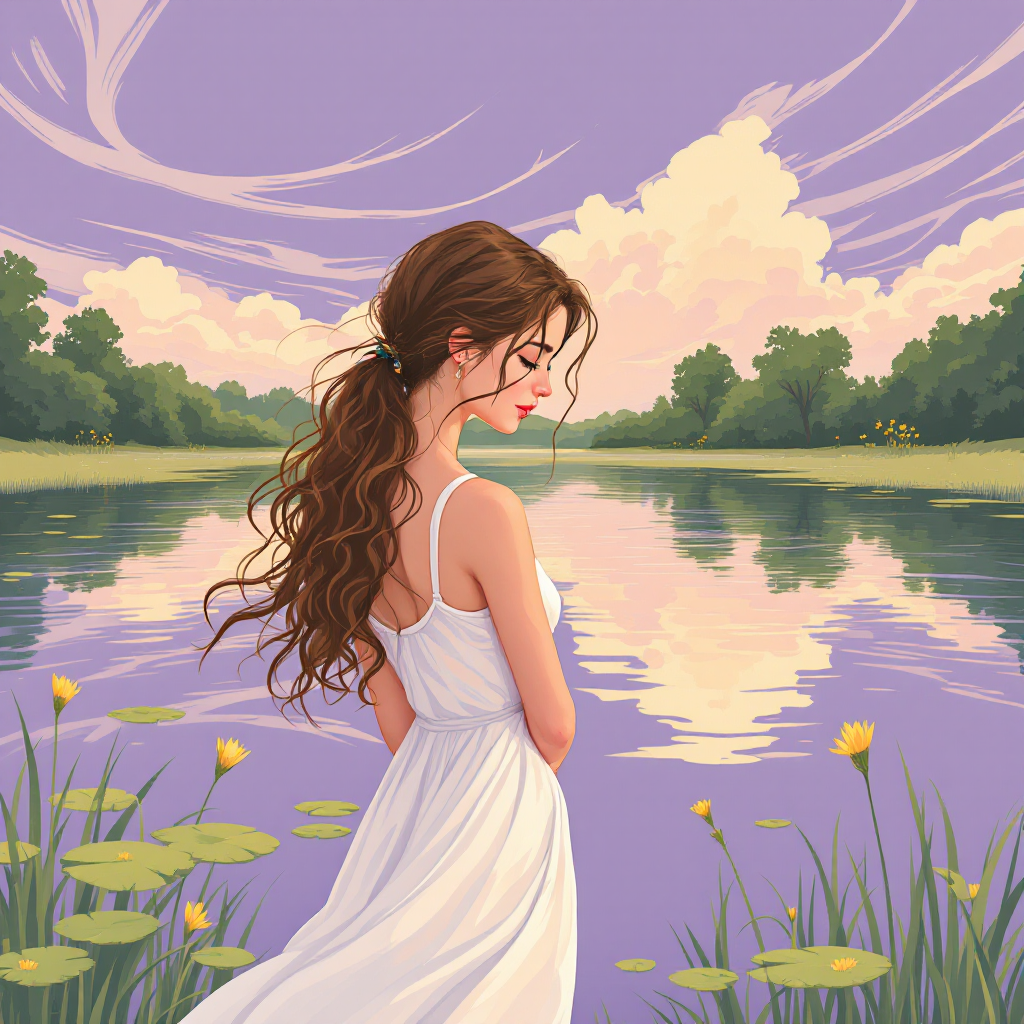 A serene scene shows a woman in a flowing white dress, gazing contemplatively at a tranquil lake, embodying the theme of freedom amidst nature's beauty.