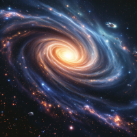 A vibrant spiral galaxy illuminated by a bright core, surrounded by swirling clouds of stardust and countless stars, capturing the vastness of the universe.