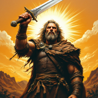 A heroic figure stands holding a gleaming sword aloft, illuminated by a golden sunburst. This imagery echoes the quote about personal choice in battle and determination.