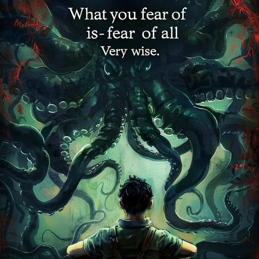 A person faces a large, monstrous creature with many tentacles. Overhead, the quote: What you fear most of all is--fear. Very wise.