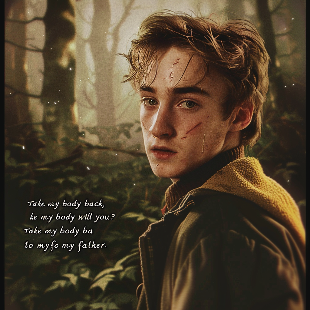 A young man with scars on his face stands in a forest with a somber expression. Text beside him reads, Harry... take my body back, will you? Take my body back to my father.