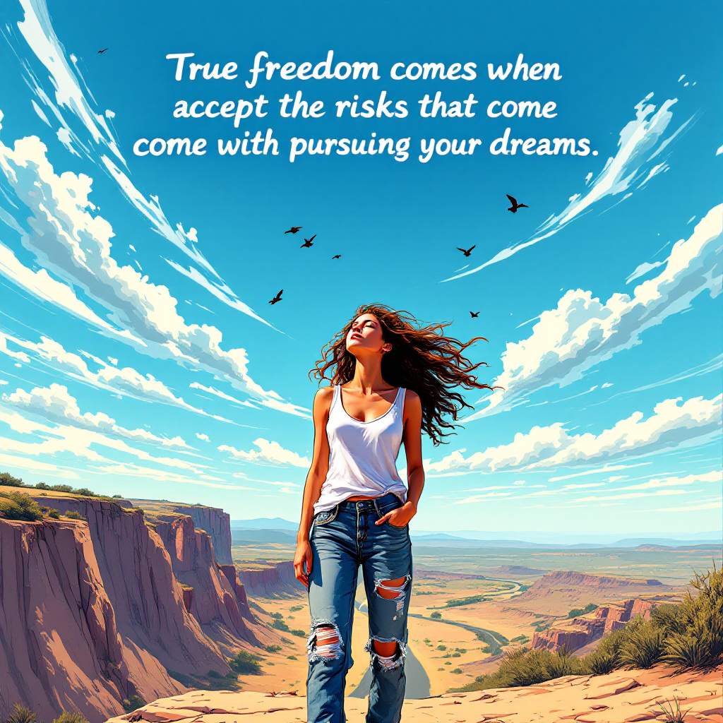 A woman stands confidently on a vast landscape with mountains and fields, embodying the quote about embracing risks to achieve true freedom in pursuing dreams.