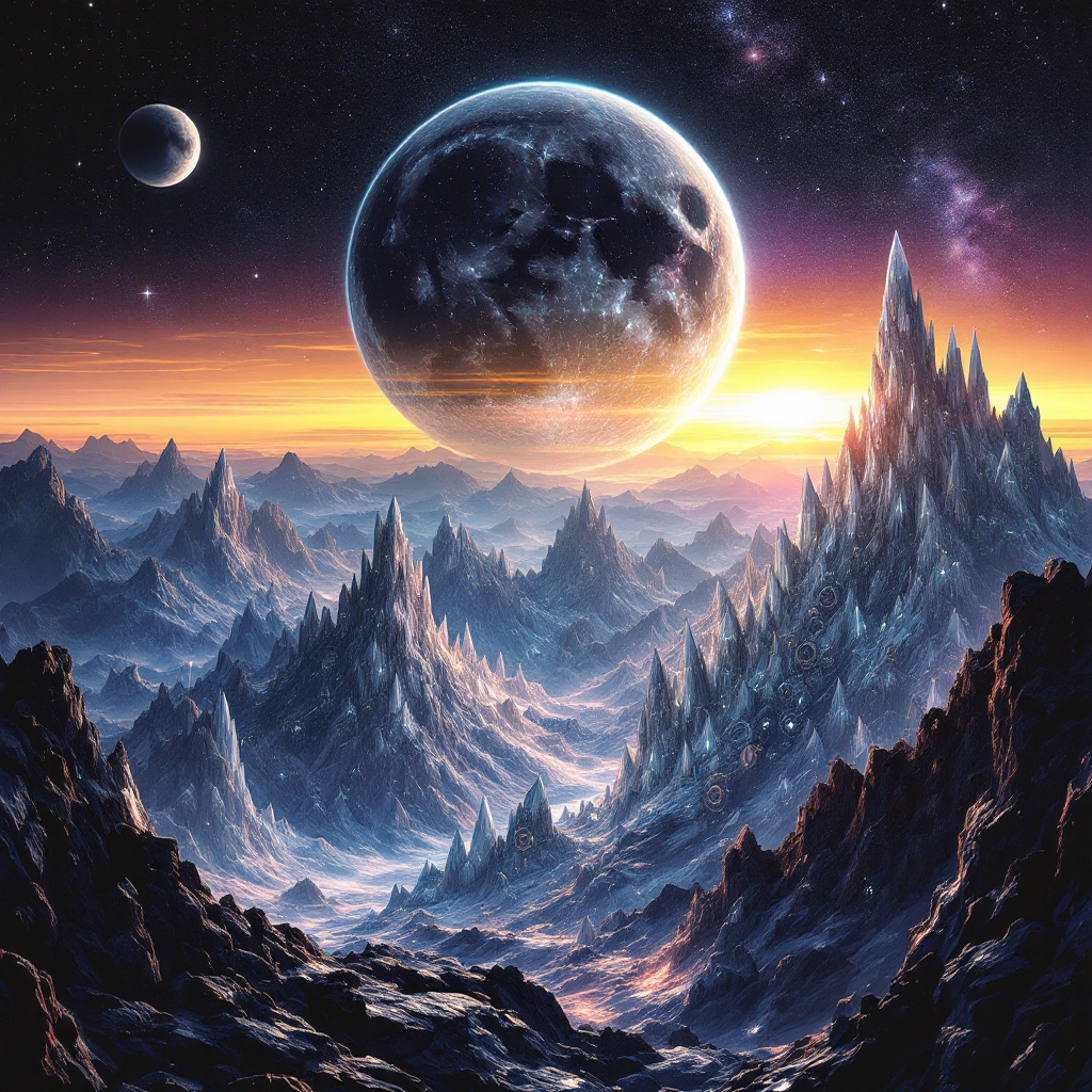 A vast, crystalline mountain range rises under a twilight sky, with a large celestial body above. The landscape reflects ethereal rainbows, evoking a sense of otherworldly grandeur.