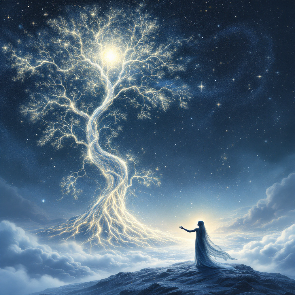 A luminous tree stretches upward in a starry sky, while a figure in a flowing garment reaches toward its glowing crown, embodying love and wonder that fuel the human spirit.