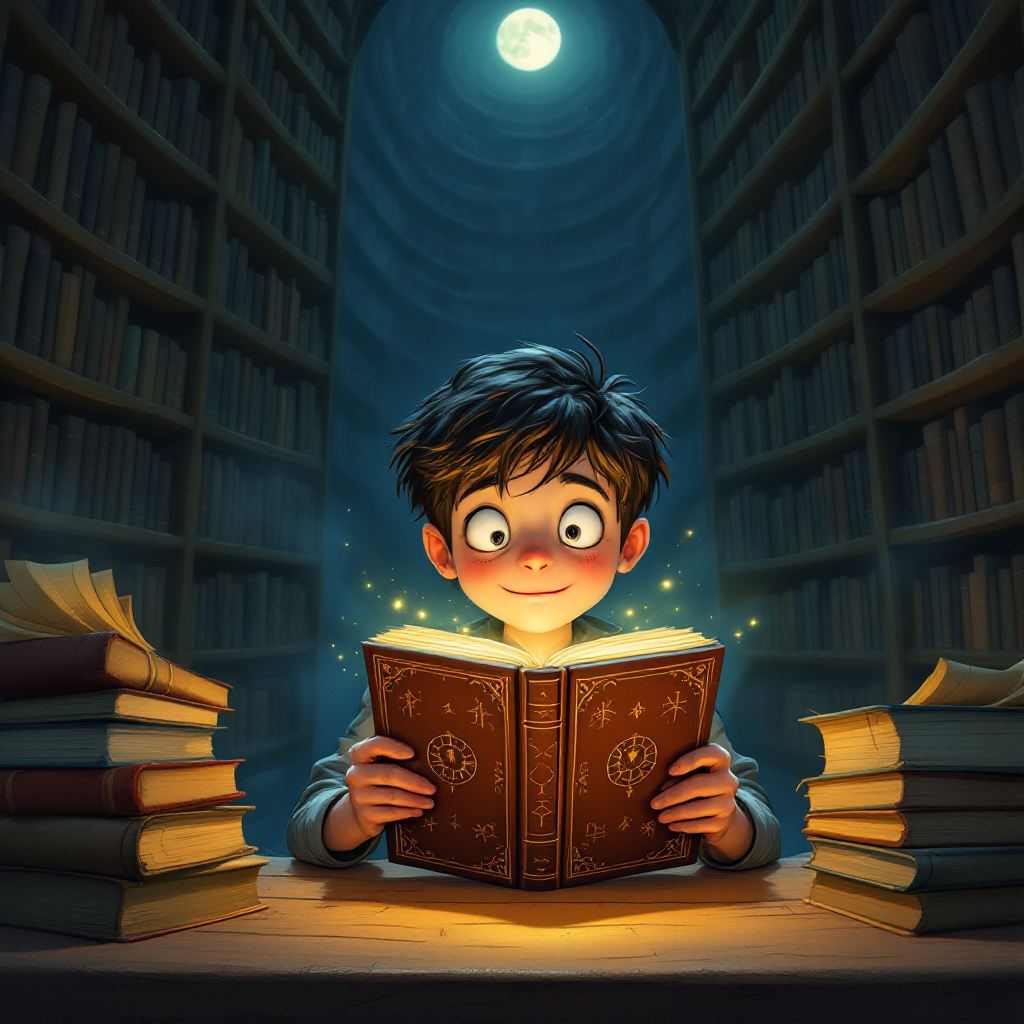 A young boy with wide eyes and tousled hair sits at a table in a dimly lit library, captivated by a glowing book, surrounded by towering shelves filled with books.