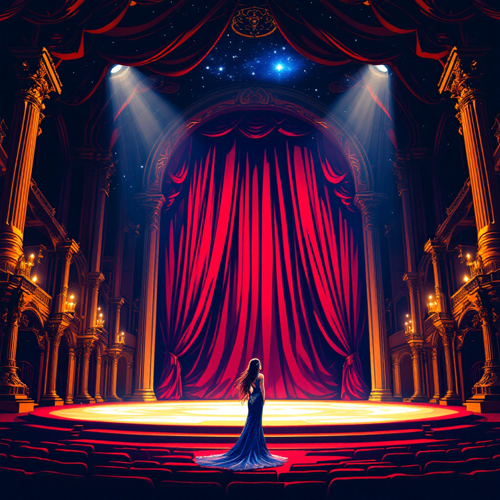 A grand theater stage with rich red curtains, illuminated by dramatic spotlights, featuring a lone figure in a blue gown, embodying the quote about life as a theatrical performance.