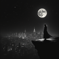 A figure in a flowing cloak stands on a cliff's edge, gazing at a sprawling cityscape under a bright moon, embodying the essence of an unexpected discovery.