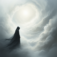 A cloaked figure stands amidst swirling clouds, gazing up at a bright light breaking through the mist, embodying solitude and introspection as revealed in quiet moments.