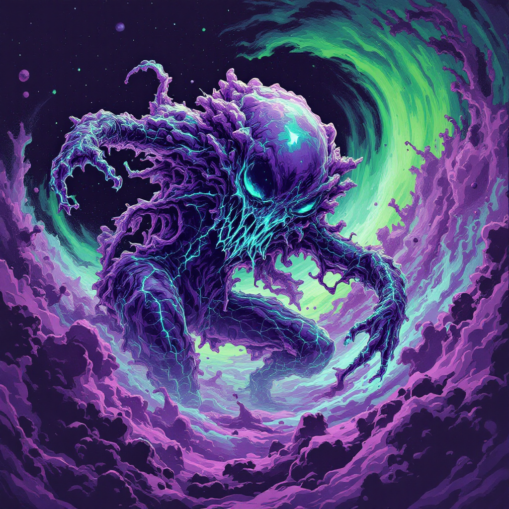 A liquid-crystal alien emerges from swirling purples and greens, its eerie, organic forms tentacle-like amidst a cosmic backdrop of clouds and starry darkness.