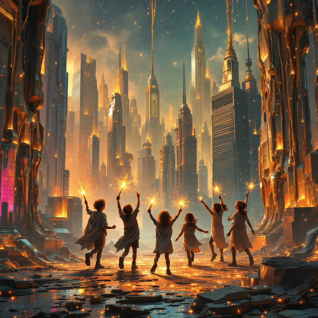 A group of children joyfully dances in a futuristic cityscape, illuminated by their glowing lights, embodying innocence while hinting at a deeper, serious purpose behind their play.