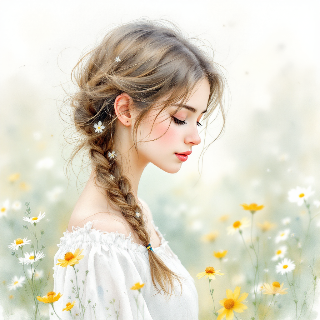 A serene young woman with a braided hairstyle stands in a field of wildflowers, embodying the essence of inner beauty and self-awareness, reflecting on the idea that who we are surpasses our actions.