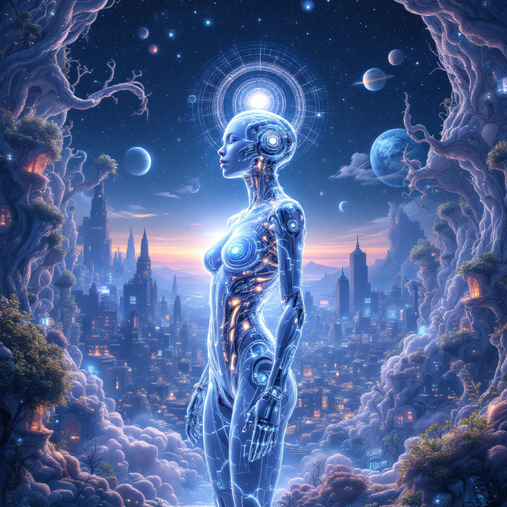 A luminous, robotic figure stands in a cosmic landscape, surrounded by planets and ethereal trees, embodying the idea that we are all stories shaping our own narratives.