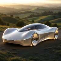 A sleek, futuristic car with a shimmering silver finish is parked on a grassy hill, framed by rolling green hills under a glowing sunset, evoking magical journeys like the enchanted car in the quote.