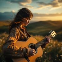 A young woman plays guitar in a sunlit meadow, her hair flowing gently in the breeze, embodying the enchanting essence of music as she gazes into the distance.