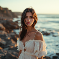 A woman stands confidently by the ocean at sunset, embodying resilience and spirit, reflecting the essence of her true strength beyond societal measures.