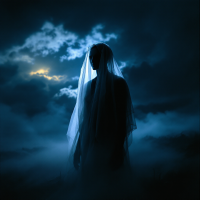 A solitary figure cloaked in a flowing veil stands against a dark, misty backdrop, symbolizing the mystery of death, illuminated by faint light breaking through ominous clouds.