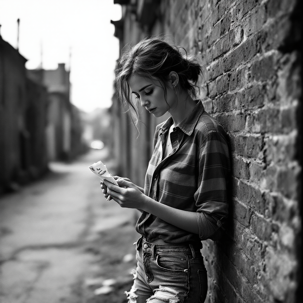 A young woman in a checked shirt stands against a brick wall, lost in thought as she reads a message, embodying the sentiment of unfulfilled desires in a quiet, urban setting.