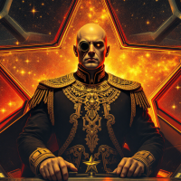 A stern super-lieutenant in a richly adorned uniform, featuring gold braid and a monocle, commands a star-shaped craft against a cosmic backdrop of fiery colors.