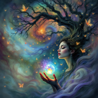 A mystical figure with tree-like hair holds a glowing orb amidst a swirling cosmic background, embodying the dual nature of knowledge as both a gift and a burden. Butterflies flutter around her.