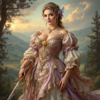 A confident young woman in an ornate, pastel gown stands with a sword in hand, set against a picturesque mountain landscape at sunset, embodying strength and bravery.