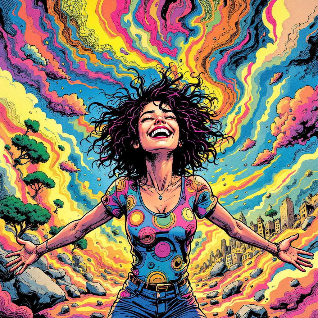 A joyful woman with curly hair stands with arms outstretched, surrounded by a vibrant, swirling explosion of colors and clouds, embodying the embracing of life's chaos and self-discovery.