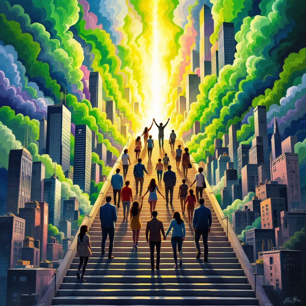 A diverse group of people ascends a bright staircase toward a glowing city skyline, symbolizing collective progress amidst transformative change.