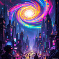 A vibrant cityscape under a swirling galaxy, blending futuristic technology and neon colors, capturing the essence of science fiction as a lens for exploring human desires and fears.