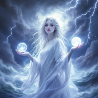 A serene figure in white holds glowing orbs amidst a tumultuous storm, symbolizing calmness and strength in the face of chaos and turmoil. Lightning illuminates the dramatic scene.