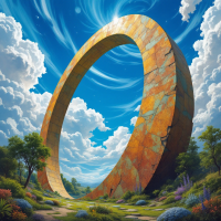 A massive, circular arch rises into a vibrant sky, surrounded by lush greenery and colorful flowers, evoking the grandeur and mystery of a hidden, ancient structure.