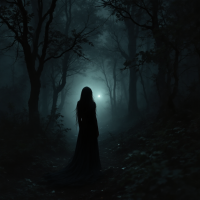 A silhouette of a figure in a flowing gown stands in a dark, misty forest, illuminated by a faint light, embodying the struggle between personal darkness and external light.