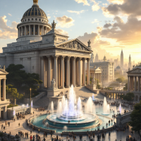 A majestic city square features a grand building with a dome, surrounded by a bustling crowd and an impressive fountain, capturing the essence of desires and fears in urban life.