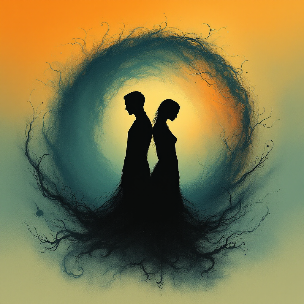 A silhouette of a man and woman stands back to back, surrounded by swirling colors and abstract shapes, embodying the quote about the essence of living over mere decisions.