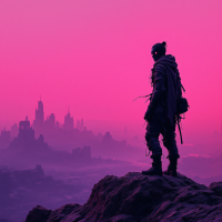 A lone figure stands on a rocky outcrop, gazing at a futuristic city under a vibrant pink sky, embodying the quote: Survival is not about being the strongest, it’s about being the smartest.