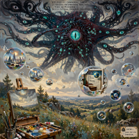 A colossal, many-eyed tentacled entity looms over a surreal landscape, with floating spheres depicting diverse realities, symbolizing SCP-3125’s omniversal threat across microverses and embedded universes.