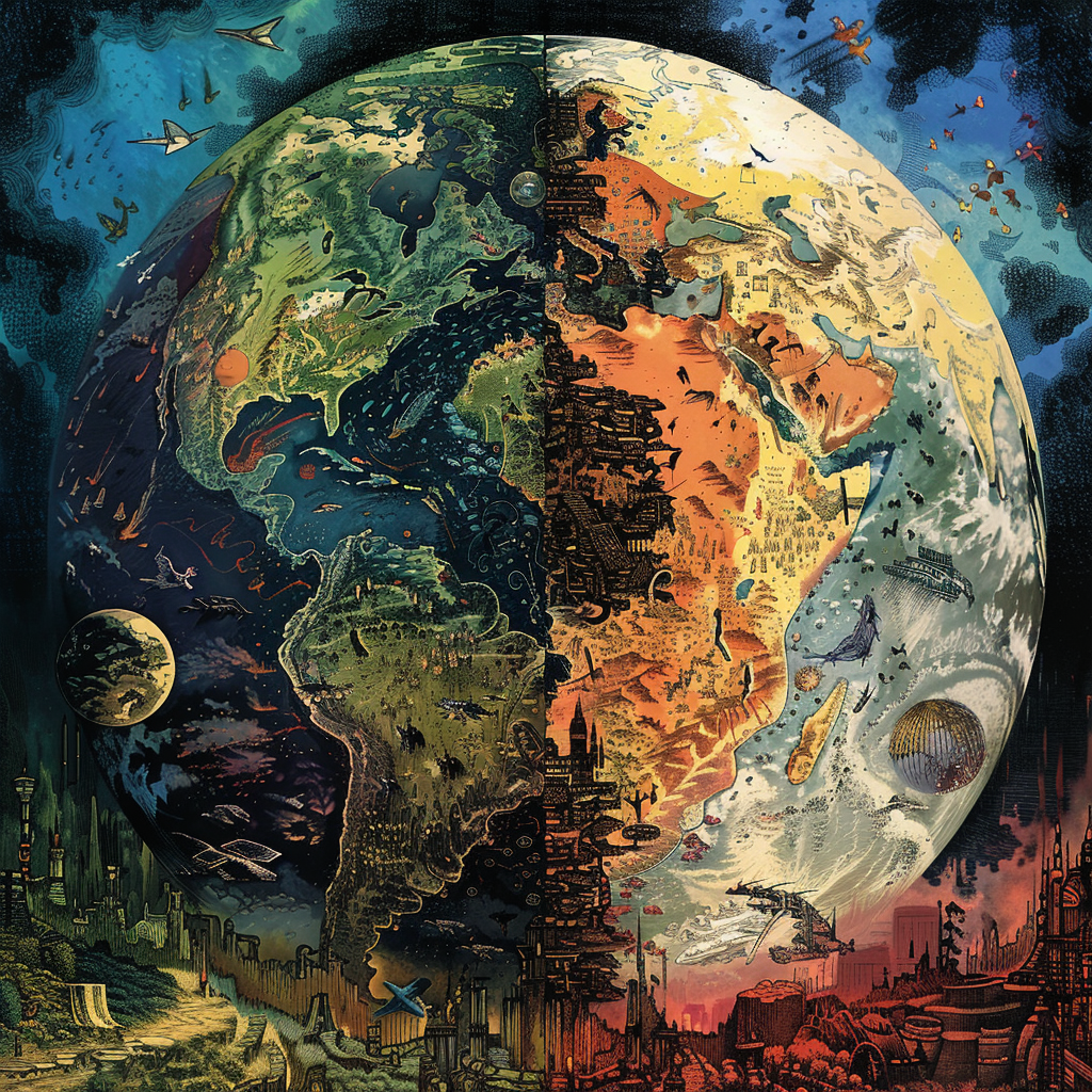 A surreal depiction of Earth in two contrasting halves. One side appears vibrant and lively, while the other is dark and chaotic, symbolizing widespread unhappiness among its inhabitants.