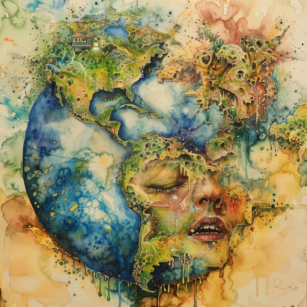 A surreal image of Earth blending with a human face, evoking a sense of sorrow. The artwork captures the theme of widespread unhappiness described in the book quote.