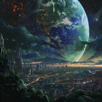 A futuristic cityscape sprawls beneath a massive, distant Earth, enveloped in dark clouds, evoking a sense of pervasive unhappiness among its inhabitants.