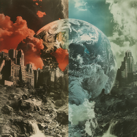 Split image of Earth and cityscapes, left half in fiery red tones, right half in cold blue hues, symbolizing the continual unhappiness of its inhabitants.