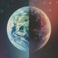 A digitally created Earth shows two contrasting halves—one bright and full of life, the other dark and fiery, reflecting a world where most inhabitants are unhappy much of the time.