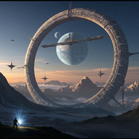 A massive, futuristic archway resembling a giant ring soars above a mountainous landscape, with planets and stars illuminating the scene, hinting at vast energy sources beneath the surface.
