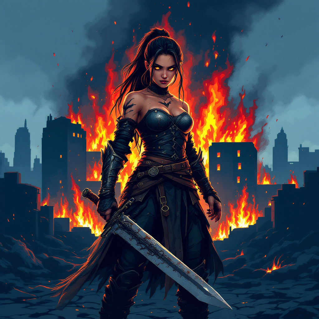 A fierce warrior stands confidently in a post-apocalyptic landscape, wielding a sword amidst flames and ruins, embodying the spirit of fighting for one's beliefs.