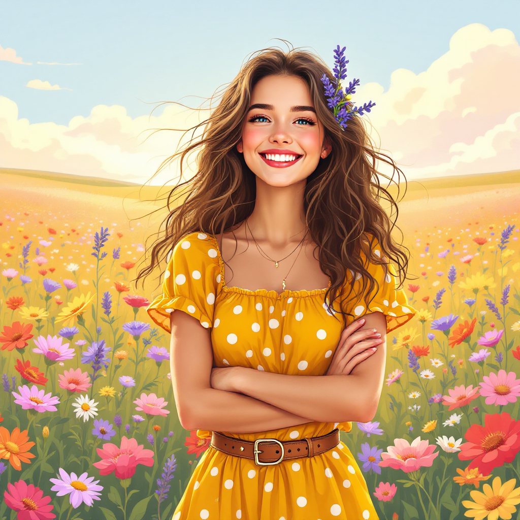 A cheerful woman in a yellow polka-dot dress stands confidently in a vibrant field of flowers, embodying the belief that one can achieve anything they deserve.