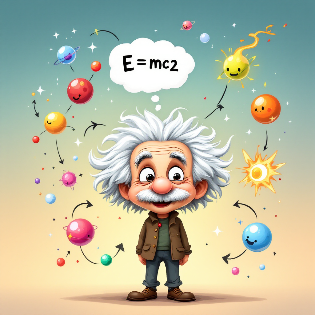 A cartoon character with wild white hair, inspired by Einstein, stands amidst colorful energy forms like atoms and suns, with the equation E=mc² above, symbolizing energy transformation.