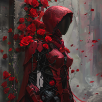 A humanoid figure in a red armored suit integrated with rose blossoms, standing against a backdrop speckled with floating red petals.