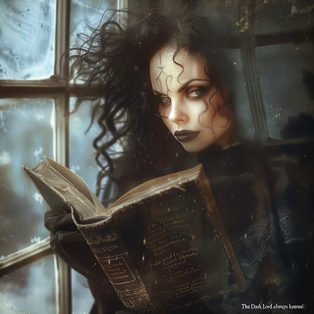 A woman with dark, curly hair and intense eyes reads an ancient book by a dimly lit window, capturing the essence of the quote, The Dark Lord always knows!