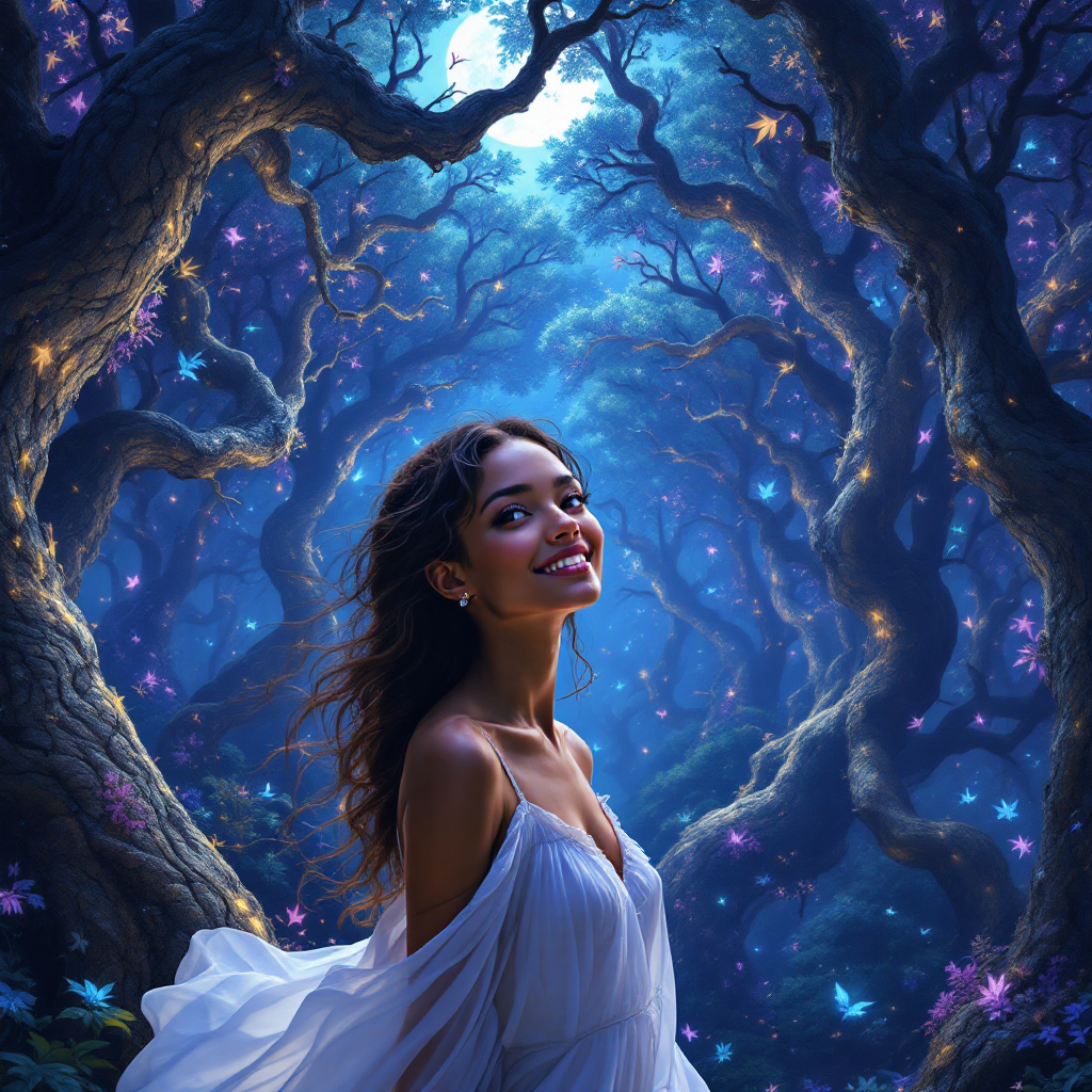 A serene woman in a flowing white dress stands amidst a mystical forest, bathed in soft blue light, embodying the complexity of nature and the simplicity of humanity.