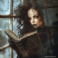 A woman with dark, curly hair and intense eyes reads an ancient book by a dimly lit window, capturing the essence of the quote, The Dark Lord always knows!