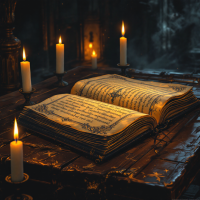 An ancient, open book rests on a dark wooden table illuminated by flickering candles, evoking the power of words and their potential for good or ill. Shadows linger in the background.