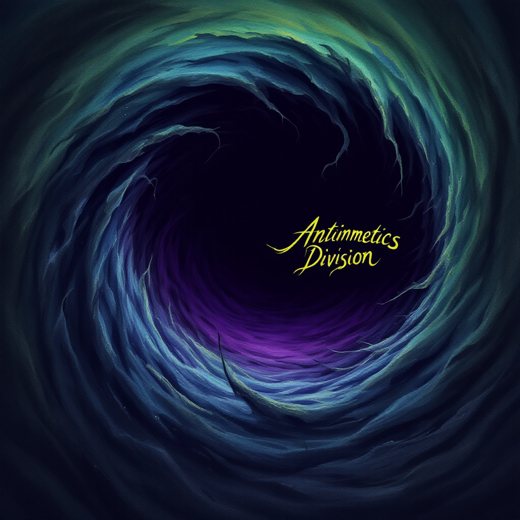 A dark, swirling vortex with shades of blue and green, centered around the glowing words Antimemetics Division, representing an antimemetic force consuming itself.